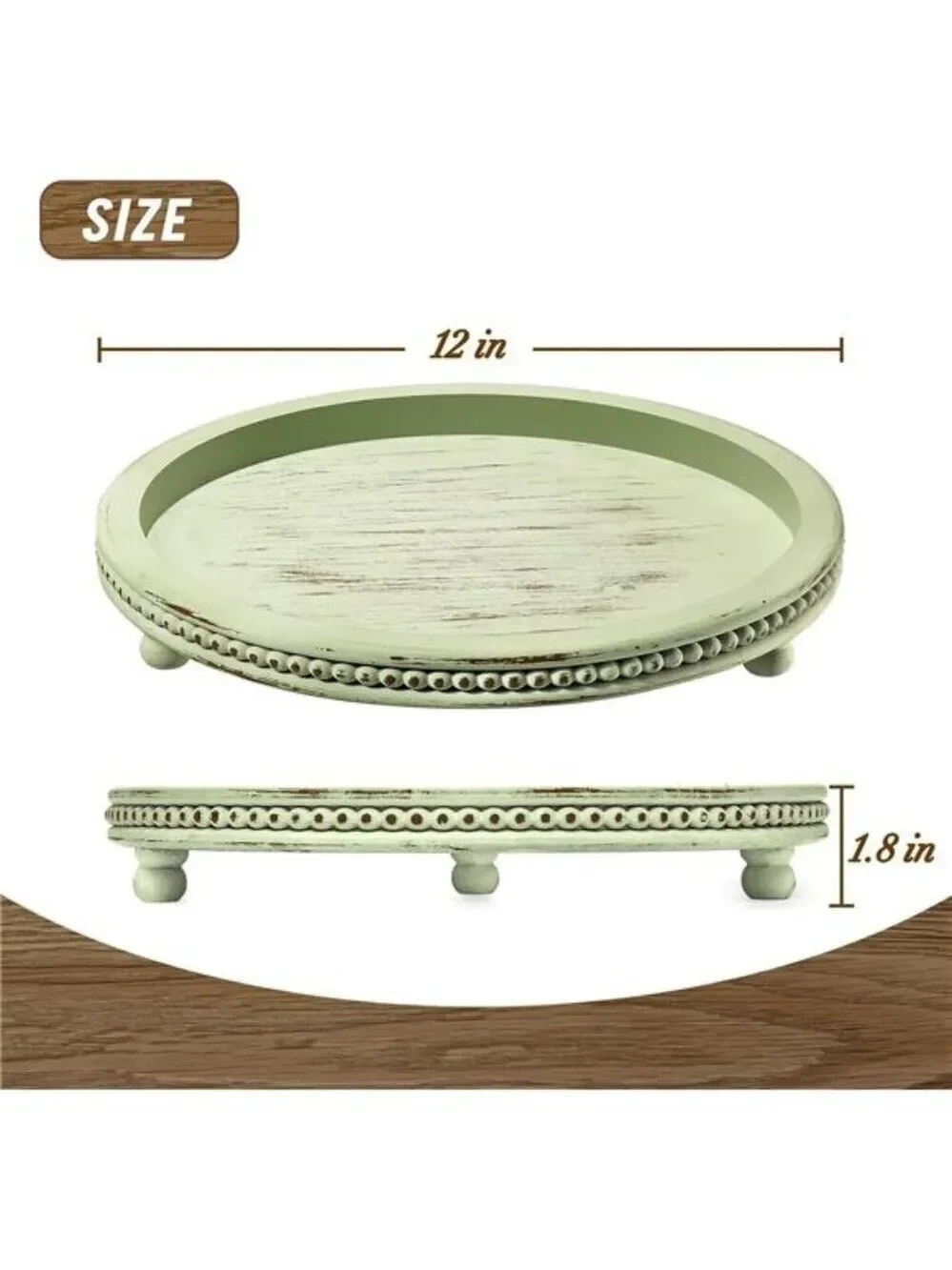 Wooden Beaded Round Tray Decorative Coffee Table Centerpiece Sage Farmhouse